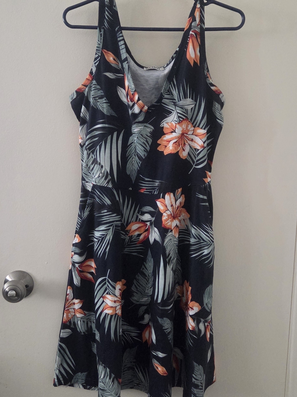 Navy Blue Tropical Floral A-line Summer Dress